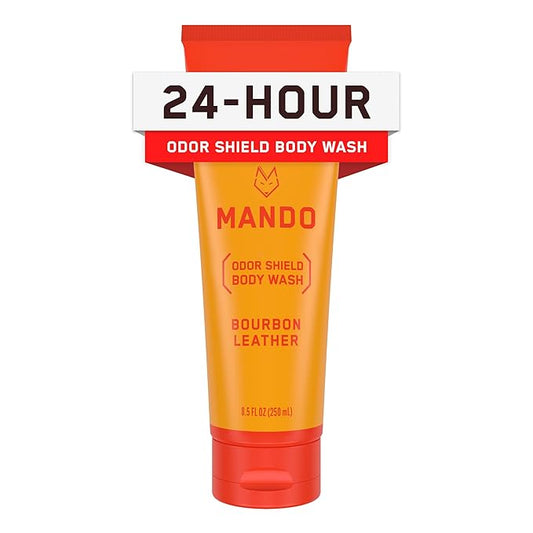 Mando Odor Shield Body Wash - 24 Hour Control - Removes Odor Better than Soap - SLS and Paraben Free, Skin Safe - 8.5 Ounce (Bourbon Leather)