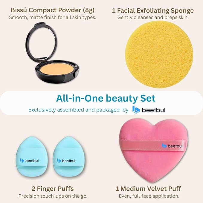 Beetbul Makeup & Exfoliation Kit - Bissú Compact Powder + 1 Medium Velvet Puff + 2 Finger Puffs + 1 Facial Exfoliating Sponge (03 Nude, One Size)