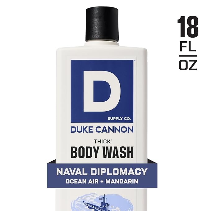 Duke Cannon Supply Co. Thick High Viscosity Body Wash - 3X Thicker, Cleansing Shower and Bath Gel, Mineral-Enriched Body Wash - Citrus Musk + Cedarwood - Mens Body Scrub - Naval Diplomacy (18 oz)