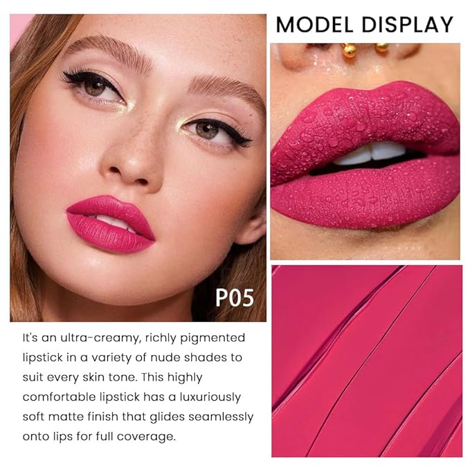 evpct 1Pcs Pink Lipstick, Silky Velvet Matte Lipstick Pack Sets for Women, Long Lasting Smudge Proof Lipstick Lip Stain Makeup Kit matte lipstick 24 hours original P05