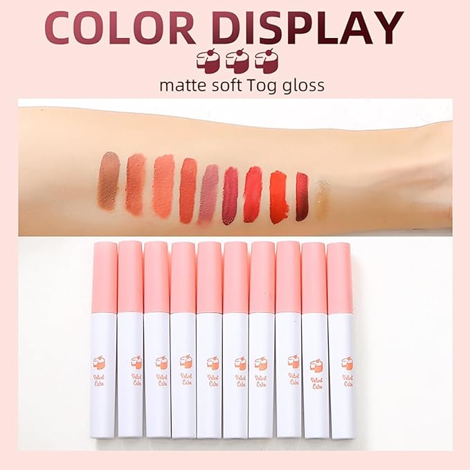 10 Colors Lipstick, Matte Liquid Lip Gloss Set, Tube Red Matte Velvet Tint Stain Set, Natural Ingredients Waterproof & Long Lasting 24 Hours Non-Sticky