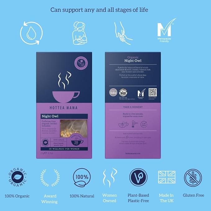 HOTTEA MAMA | Night Owl | Organic | Sleep Support Tea | Caffeine-Free | 14 Whole Leaf Biodegradable Tea Bags (28 Cups)