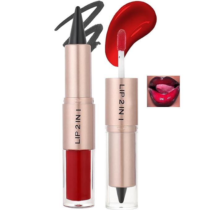 2 in 1 Dual-Ended Lip Combo Sets, Velvet Matte Brown Lip Liner Gloss Kit, Nude Lipstick, Long Lasting High Pigmented Makeup