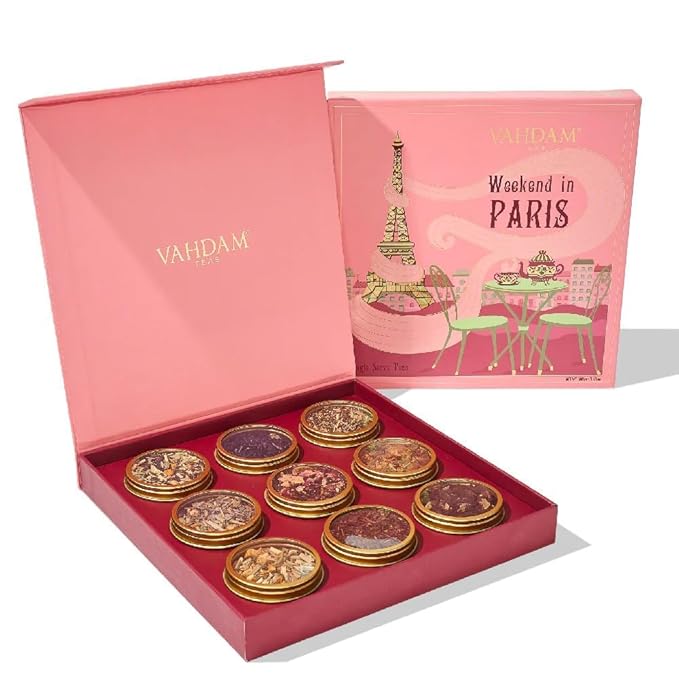 VAHDAM, Weekend in Paris Tea Gift Set - 9 Assorted Teas | Travel Edition Gift Box | Natural Ingredients Luxury Tea Set | Gluten Free, Non-GMO