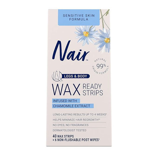 Nair Sensitive Hair Remover Mess-Free Wax Ready Strips, Legs and Body Easy Hair Removal Wax Strips for Sensitive Skin, Chamomile Extract, Dermatologist Tested, Plus 6 Post Wipes, 40 Count