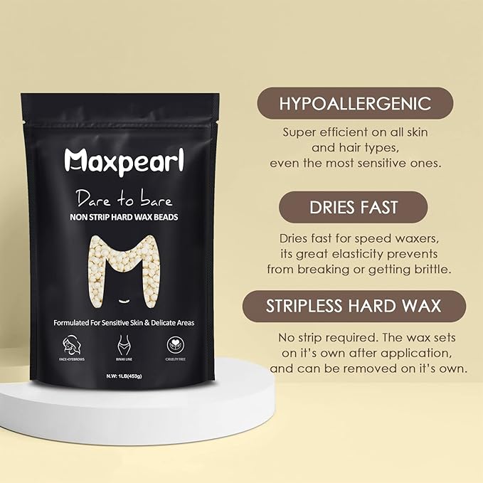 Maxpearl Wax Beads for Facial Hair Removal, 1LB Hypoallergenic Hard Wax Beans with Natural Ingredients for Sensitive Skin, Eyebrows, Upper Lip, Chin, Sideburns, Neck & More