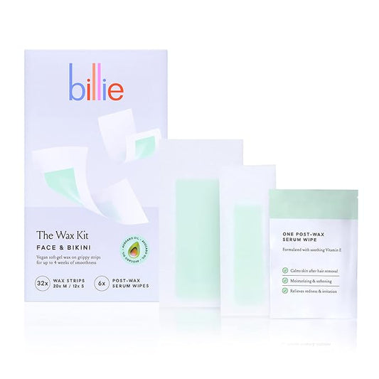 Billie Wax Kit - Face & Bikini - 32 wax strips - 6 post-wax serum wipes