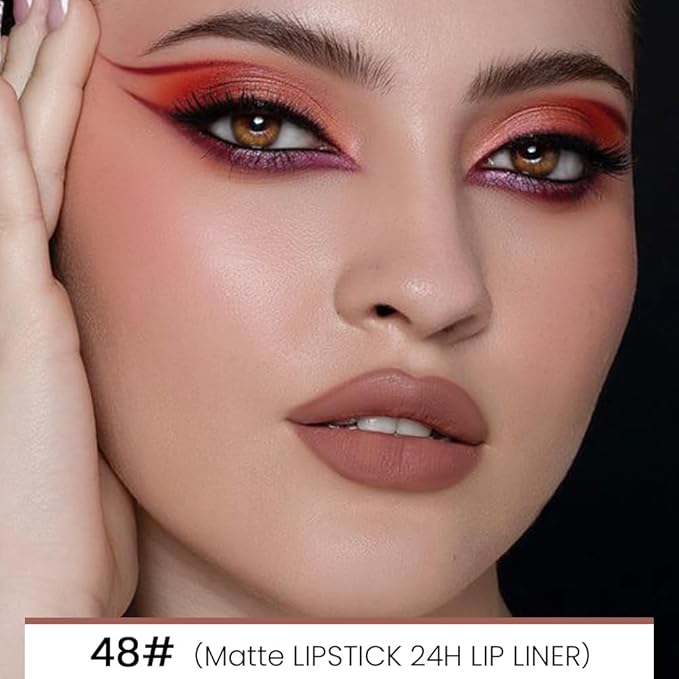 evpct 1Pcs Nude Brown Velvet Matte Lip Liner and Lipstick Combo Set Kit for Women, Magic 24 Hours Lipstick and Lip Liner Makeup Set Stain Long Lasting Waterproof labial, 48#