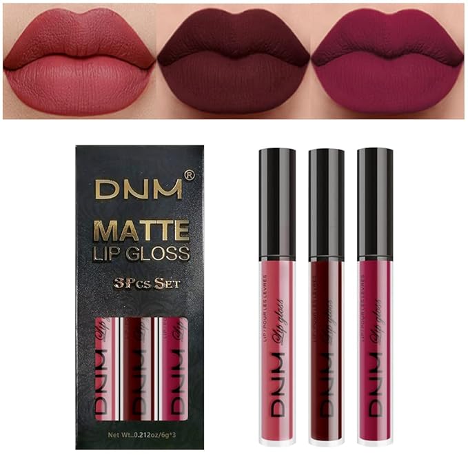 AMY'S DIARY 3Pcs Dark Red Matte 24 hour Liquid Lipstick Sets,Matte Lip Stain Long Lasting 24 Smudge Waterproof Lip Gloss Gift Makeup Set Lipstick for Women Lippies (06)