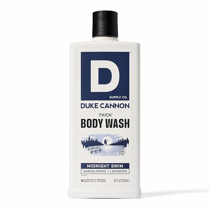 Duke Cannon Supply Co. Thick High Viscosity Body Wash - 3X Thicker, Cleansing Shower and Bath Gel, Mineral-Enriched Body Wash for Men - Sandalwood + Lavender - Mens Body Scrub - Midnight Swim (18 oz)