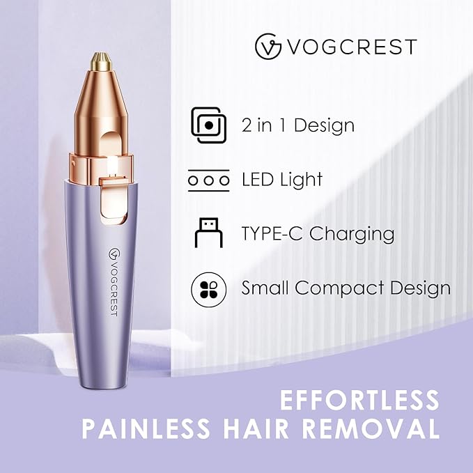 VG VOGCREST Eyebrow & Facial Trimmer: 2-in-1 Rechargeable Facial Hair Removal & Eyebrow Shaver - Painless Razor with Built-in LED Light (Solar Purple)