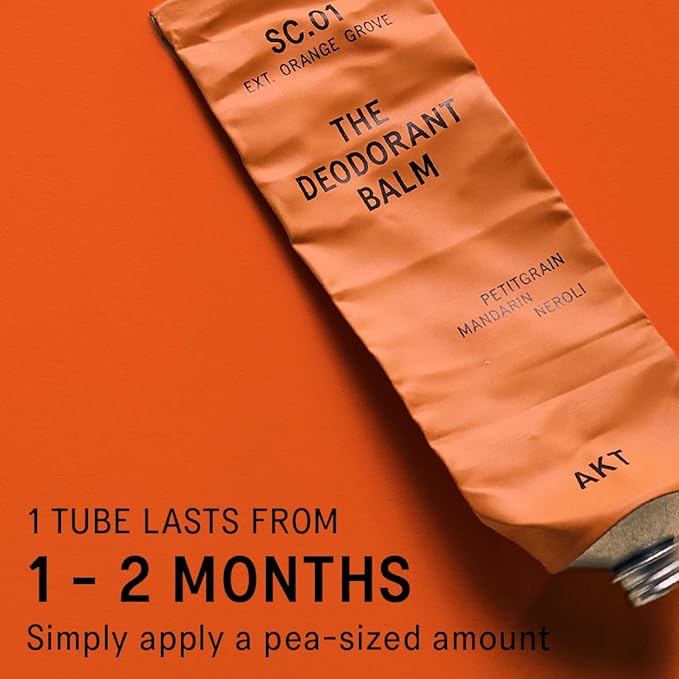 AKT, THE DEODORANT BALM. Award winning, multi-use, natural deodorant. Plastic Free. Gender Free. Aluminium Free. 100% effective — 1 tube lasts up to 3 months. SC.01 ORANGE GROVE. 50ml/1.76 FL.OZ
