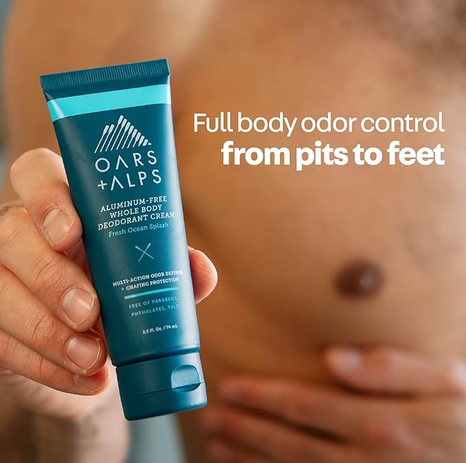 Oars + Alps Whole Body Deodorant for Men & Women, Aluminum Free Deodorant with Cedarwood, lime, Fresh Greens, Multi-Action Odor Defense, Long Lasting, Anti-Chafe, Fresh Ocean Splash, 2.5oz