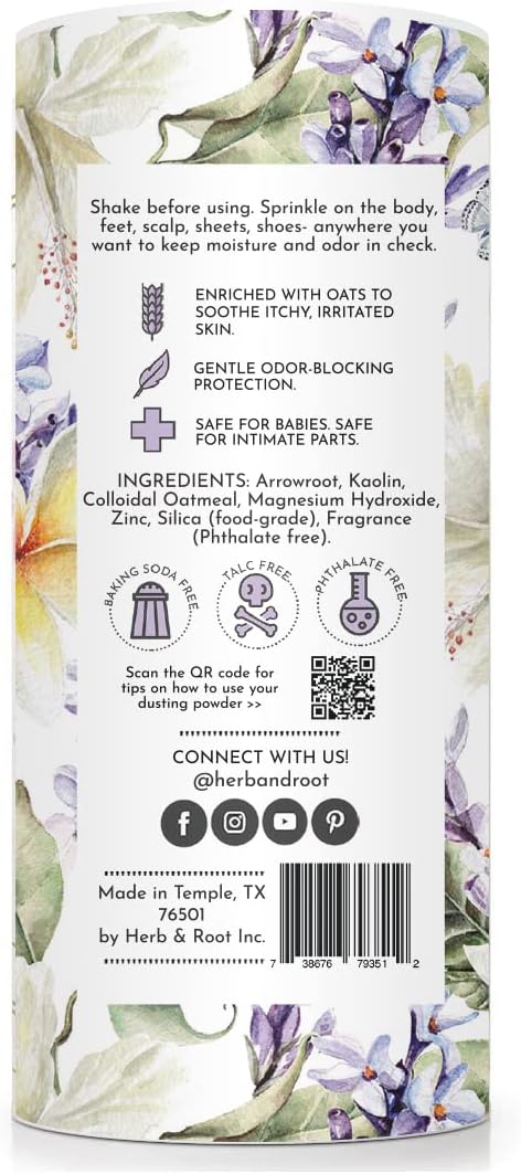 Lavender Talc-Free Dusting Powder with Arrowroot, Oats, Zinc & Magnesium - Soothing Body Powder for Women, Chafing & Deodorizing