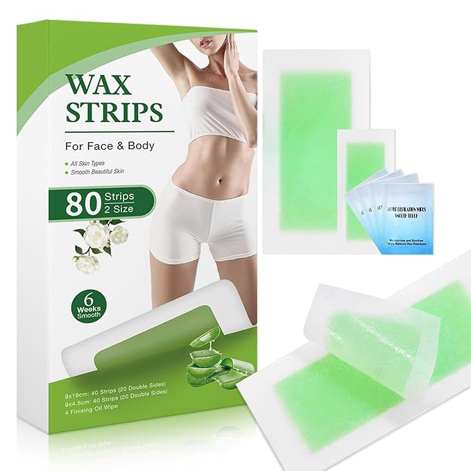 Wax Strips For Hair Removal, Waxing Kit For Women, Wax strips, Hypoallergenic, Facial Hair Removal for Women And Men, Waxing Hair Removeal Kit with 80 PCS + 4 Calming Oil Wipes(Green, Pack of 80)