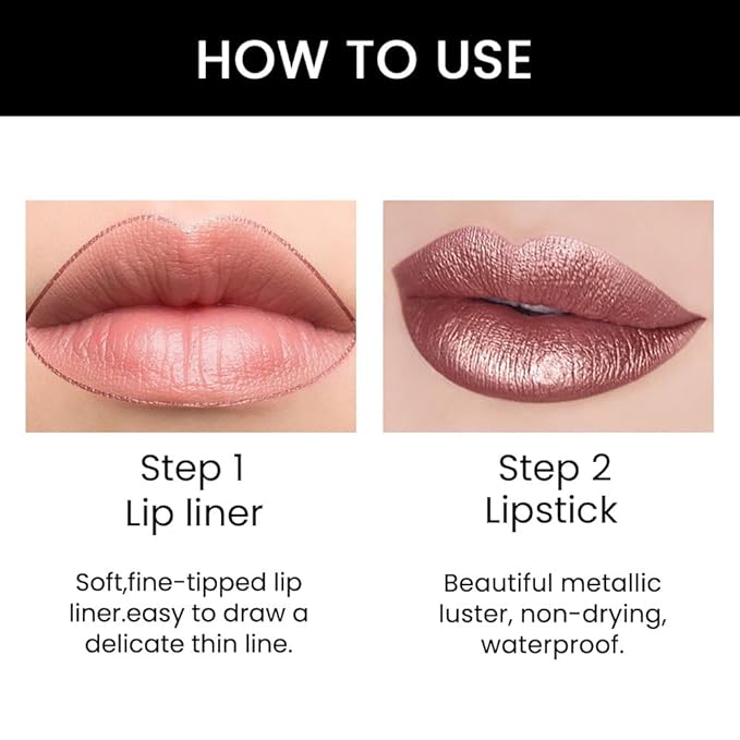 evpct 1Pcs Nude Brown Metallic Shine Shimmer Lip Liner and Lipstick Combo Set Kit for Women, Lightweight Hydrating Formula High Impact Full Coverage Lipstick and Lip Liner Makeup Gloss, 18#