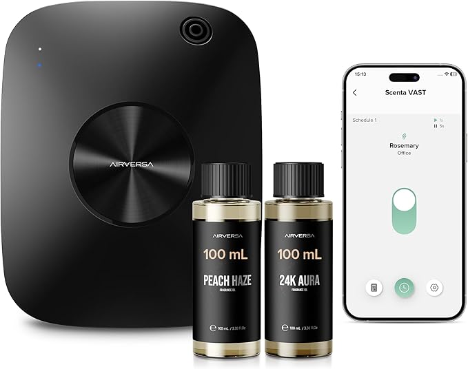 Airversa Smart Waterless Essential Oil Diffuser, 400mL Capacity with 200mL Fragrance Scent Oils, Up to 2000 sq ft Aromatherapy Scent Air Machine for Large Room and Commercial Use, ANA Black Kit