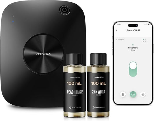 Airversa Smart Waterless Essential Oil Diffuser, 400mL Capacity with 200mL Fragrance Scent Oils, Up to 2000 sq ft Aromatherapy Scent Air Machine for Large Room and Commercial Use, ANA Black Kit