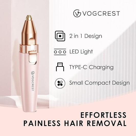 VG VOGCREST Eyebrow Facial Trimmer: 2 in1 Rechargeable Facial Hair Removal and Eyebrow Shaver - Face Lips Body Painless Facial Razor with Built-in LED Light (Pink)