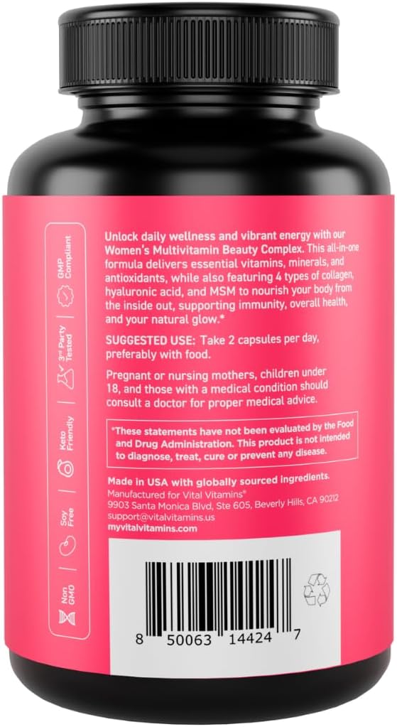 Vital Vitamins Women's Multivitamin Complex - Made with Multi-Collagen Blend, Hyaluronic Acid, & MSM - Beauty Multivitamins - with Vitamin A, C, E, B6, B12, D3-60 Capsules