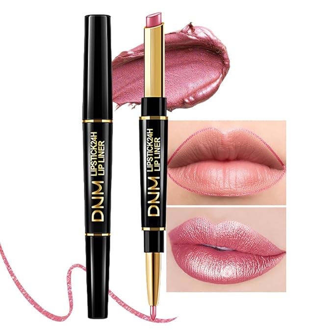 evpct 1Pcs Natural Pink Metallic Shine Shimmer Lip Liner and Lipstick Combo Set Kit for Women, Lightweight Hydrating Formula High Impact Full Coverage Lipstick and Lip Liner Makeup Gloss, 20#