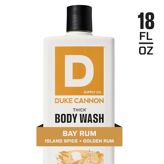 Duke Cannon Supply Co. Thick High Viscosity Body Wash - 3X Thicker, Cleansing Shower and Bath Gel, Mineral-Enriched Body Wash for Men - Island Spice And Golden Rum - Mens Body Scrub - Bay Rum (18 oz)