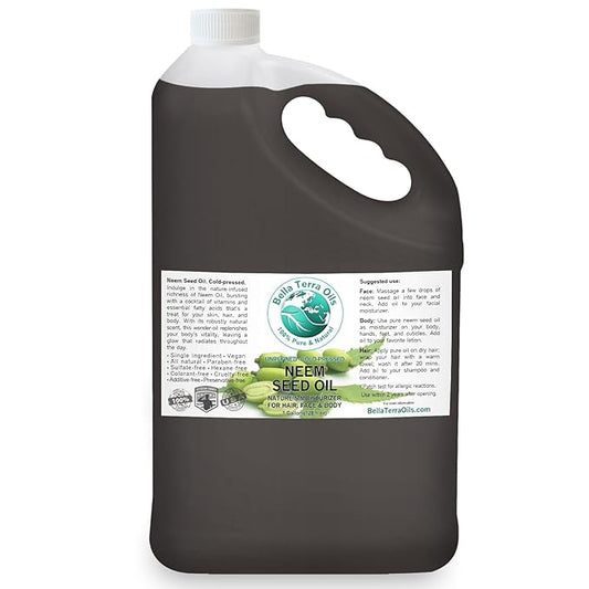 Bella Terra Oils Neem Seed Oil – 1 gallon, Ancient Beauty Secret, Clear Radiant Skin, Eco-Friendly, Premium, Often Used in Soapmaking