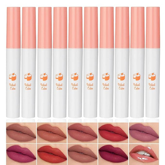 10 Colors Lipstick, Matte Liquid Lip Gloss Set, Tube Red Matte Velvet Tint Stain Set, Natural Ingredients Waterproof & Long Lasting 24 Hours Non-Sticky