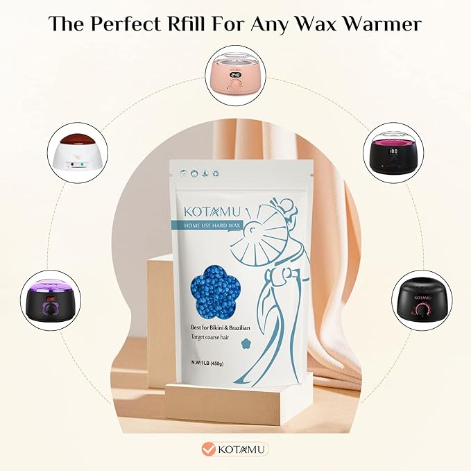 KOTAMU Blue Hard Wax Beads for Sensitive Skin - 1lb Coarse Hair Formula Wax Melts for Brazilian, Armpit, Back, Body, Bikini Hair Removal at Home or Salon (For Women and Men)