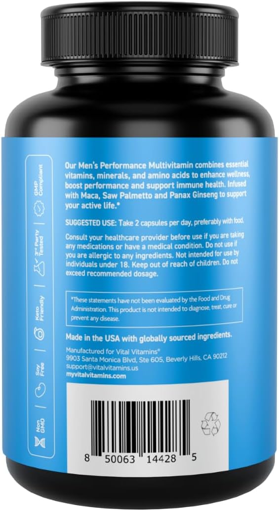 Vital Vitamins Men's Multivitamin Complex - Made with Essential Amino Acids & Maca Root - with Vitamin A, C, E, B6, B12, D3 & Male Performance Blend - Daily Mens Multivitamin - 60 Capsule