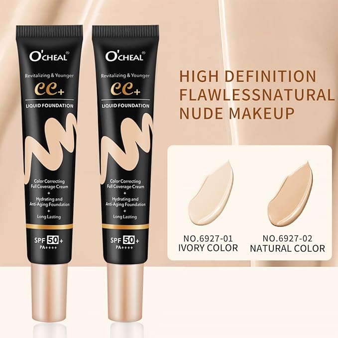 O'CHEAL CC Cream with SPF 50+, Hydrating Color Correcting Cream Full Coverage Lightweight Powder Foundation, Waterproof Long Lasting Pre-makeup Primer Facial Concealer Refine Skin Texture (Natural)