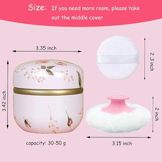 Body Powder Puff and Container for Dusting Powder, Women Powder Puff and Powder Case for Bath and Travel (Romantic Flowers)