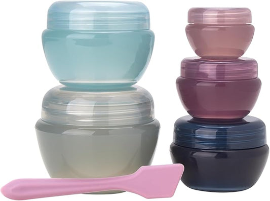 Bliss Travel Containers - 5 Pack Leak Proof Tapered Jar Set with Lid and Spatula - Small Travel Containers for Creams, Lotions, Vitamins, and Small Jewelry, Multi