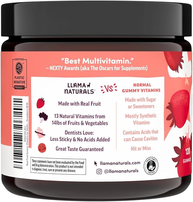 Llama Naturals Multivitamin for Women & Men, Vegan, Organic Gummies with Vitamin D, C & K, Adults Real Fruit Gummy Vitamins, Chewable Multivitamin Supplement, No Added Sugar Cane, Strawberry, 120 Ct