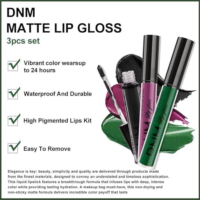 evpct 3Pcs Dark Black Grape Plum purple Emerald Green Matte Liquid Lipstick Lip Stain Sets for Women Matte+Lipstick Long Lasting 24 hr Hours Magic Lipstick 24 Hours original Waterproof 18#