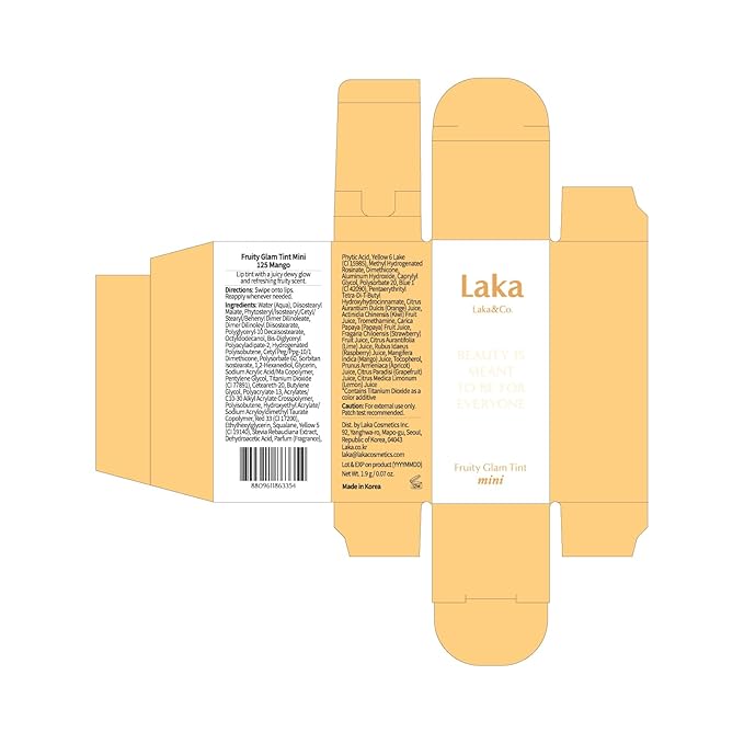 Laka Fruity Glam Lip Tint Mini, 1.9g/0.07oz, Glowing Lip Stain with Wide Color Spectrum, Hydrating & Lightweight Texture, Long-Lasting Bold Stain, Non-Sticky, Vegan, K-Beauty (#125 Mango)