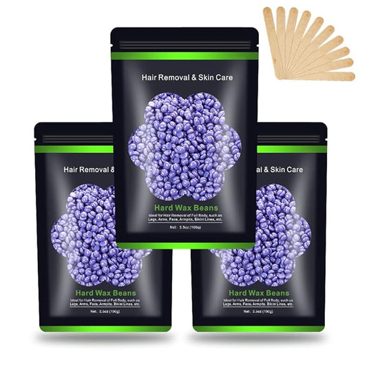 Wax Beads for Hair Removal 10.5oz (300g), Auperwel Hard Wax Beads Beans for Sensitive Skin Brazilian Waxing, Face, Bikini, Eyebrow, Legs, Painless for Women Men, 3 packs Kit with 10 Sticks