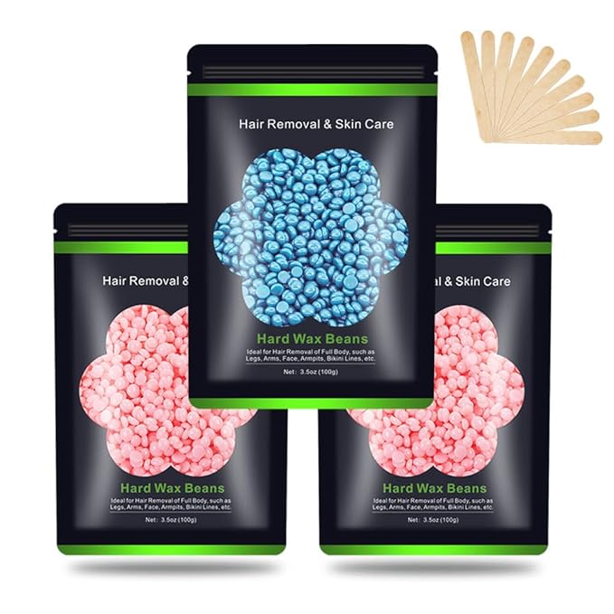 Wax Beads for Hair Removal 10.5oz (300g), Auperwel Hard Wax Beads Beans for Sensitive Skin Brazilian Waxing, Face, Bikini, Eyebrow, Legs, Painless for Women Men, 3 packs Kit with 10 Sticks