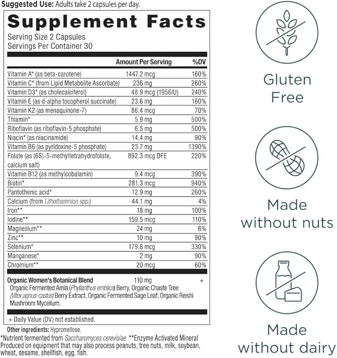 Ancient Nutrition Multivitamin for Women, Women's Fermented Multivitamin with Vitamin C, D, K, Zinc & Magnesium, Immune Support, Vegan, 60 Ct