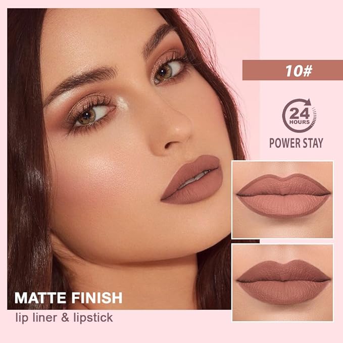 2 in 1 Matte Lipstick Lip Liner Pencil Set,Nude Brown Waterproof Lip Stick Lip liner Combo for Old Women Long Lasting Lipstick,labiales mate 24 horas originales
