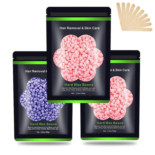 Wax Beads for Hair Removal 10.5oz (300g), Auperwel Hard Wax Beads Beans for Sensitive Skin Brazilian Waxing, Face, Bikini, Eyebrow, Legs, Painless for Women Men, 3 packs Kit with 10 Sticks