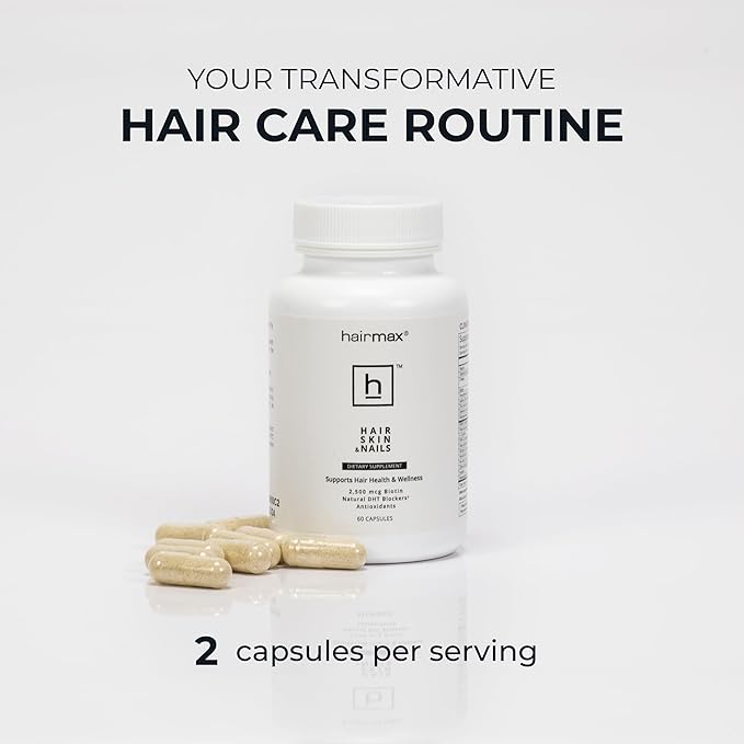 Hairmax Hair, Skin and Nails Dietary Supplement – Hair Loss & Hair Regrowth Treatment. 2500mcg Biotin, DHT Blocker, MSM & Antioxidants, 60 Capsules
