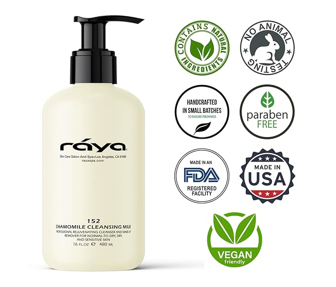 Raya Chamomile Facial Cleansing Milk 16 oz (152) | Gentle, Soap-Free Fluid Cleanser and Make-Up Removing Lotion for Dry and Sensitive Skin | Helps Calm Irritations and Refine Pores