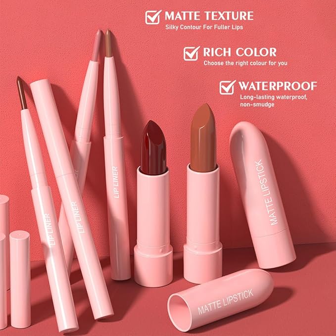 2 in 1 Matte Lipstick Lip Liner Pencil Set,Nude Waterproof Lip Stick Lip liner Combo for Old Women Long Lasting Lipstick Crayon,labiales mate 24 horas originales