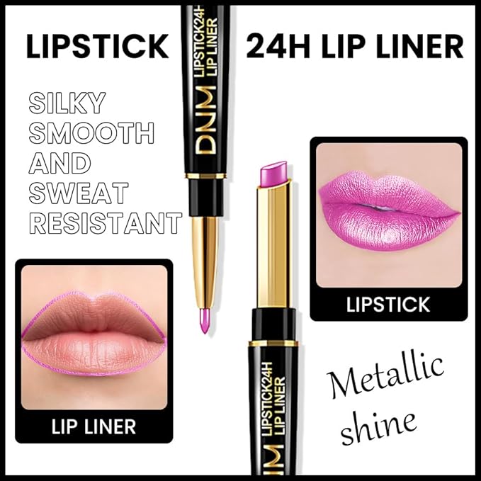 evpct 1Pcs Pink Metallic Shine Shimmer Lip Liner and Lipstick Combo Set Kit for Women, Lightweight Hydrating Formula High Impact Full Coverage Lipstick and Lip Liner Makeup Stains Gloss, 19#