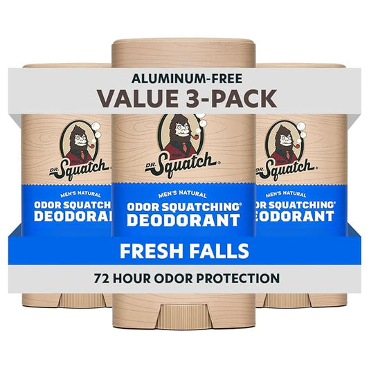 Dr. Squatch Natural Men’s Deodorant – Aluminum Free Natural Deodorant Men with Charcoal & Postbiotics for 72-Hour Odor Protection – Fresh Falls, 2.65oz Stick (3-Pack)