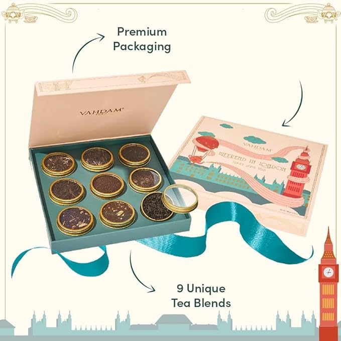 VAHDAM Weekend in London Tea Gift Set – Travel Edition Gift Box | 9 Varieties of Chai & Black Tea | Gluten-Free, Non-GMO | Gift for Women & Men