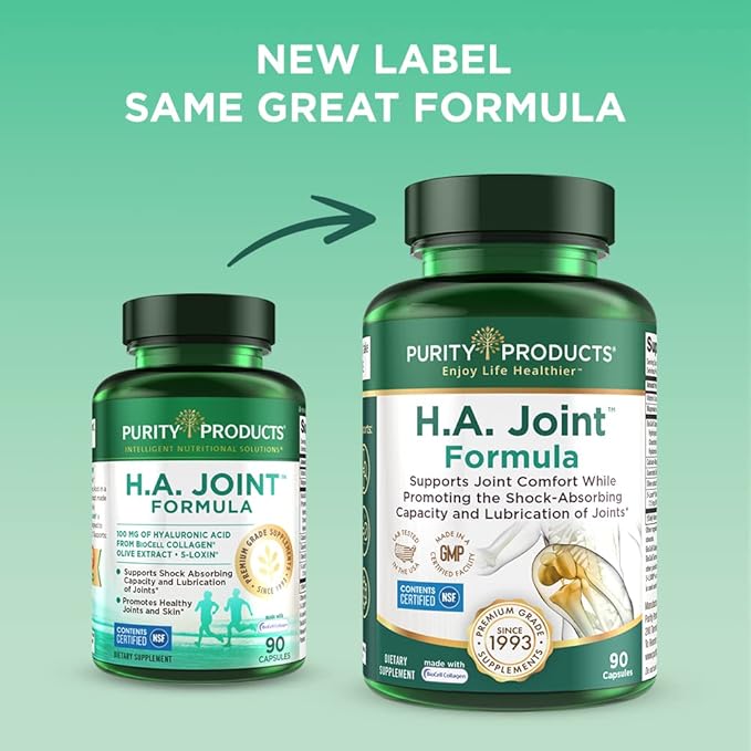 Purity Products HA Joint Formula Hyaluronic Acid + Key CoFactors - Joints + Skin Multi Collagen (Type I, II & III) - 5-Loxin - Olive Fruit Extract - Joint Flexibility + Mobility - 90 Caps