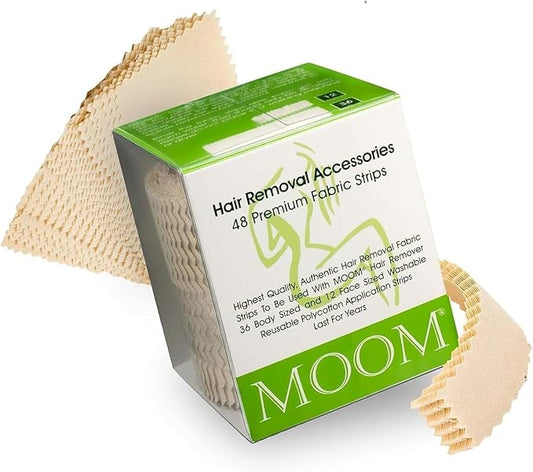 MOOM Hair Removal Wax Strips, 48 Count - Reusable & Washable Polycotton Strips for Maximum Hair Removal, Perfect for Bikini Area, Leg, Eyebrows, Body & Face - Unisex Use