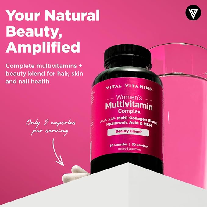 Vital Vitamins Women's Multivitamin Complex - Made with Multi-Collagen Blend, Hyaluronic Acid, & MSM - Beauty Multivitamins - with Vitamin A, C, E, B6, B12, D3-60 Capsules